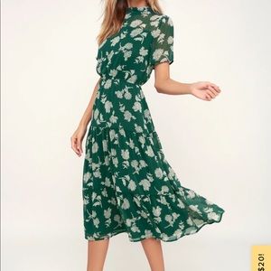 LuLus “Dressed Up dark green floral midi dress”